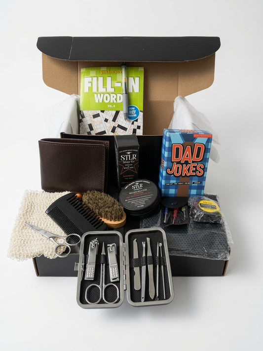 Men’s Ultimate Grooming Gift Box from Pixie Dust Scoops with curated premium grooming essentials arranged as a ready-to-give gift set