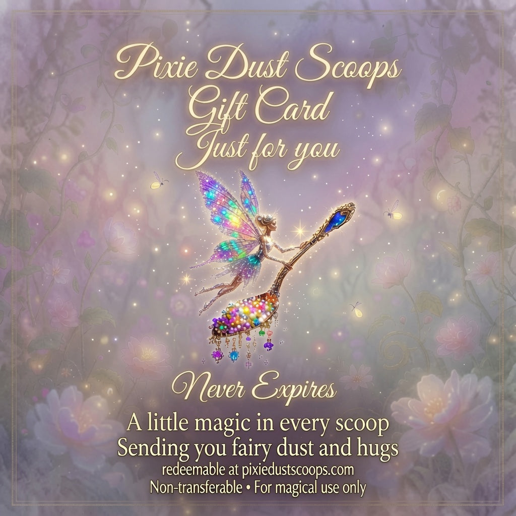 Pixie Dust Scoops gift card for mystery scoops packed with beads and charms that each represent a unique surprise gift