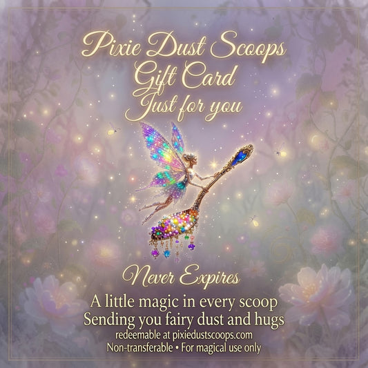 Pixie Dust Scoops gift card for mystery scoops packed with beads and charms that each represent a unique surprise gift